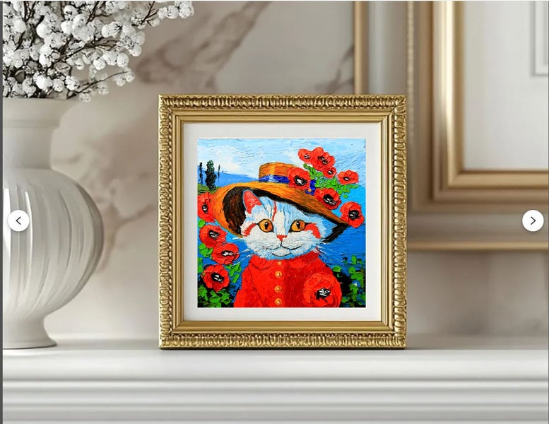 ART painting Flora & fauna Oil New original Cat with poppies 20x20cm Carousel 1