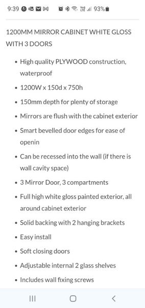 Bathroom mirror cabinet Brand New 1200mm ×750mm×150mm Carousel 2