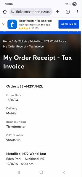 X1 Metallica ticket GA 1 standing64006969577603111