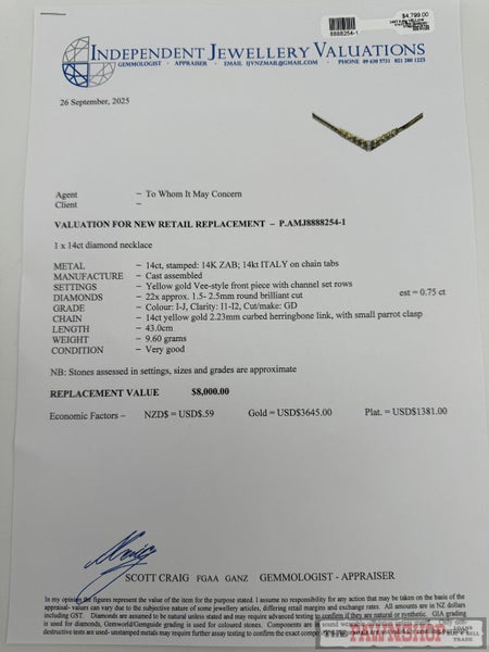 14ct Yellow Gold Diamond "V" Necklace ~ $8,000! Carousel 4