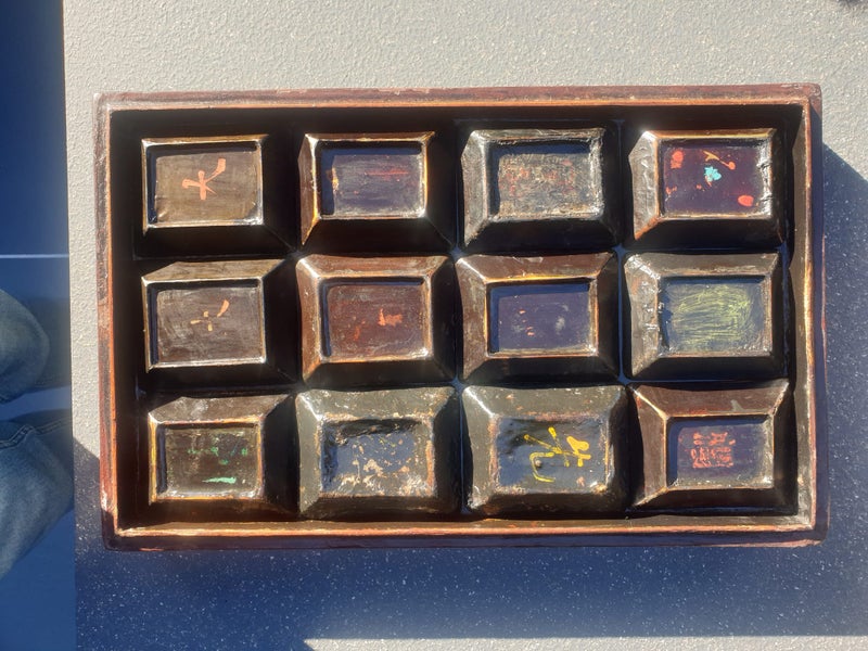 Box & 12 trays ..but for what? Japan, Kimono, Chrysanthemum, Face, Papier mache Carousel 2