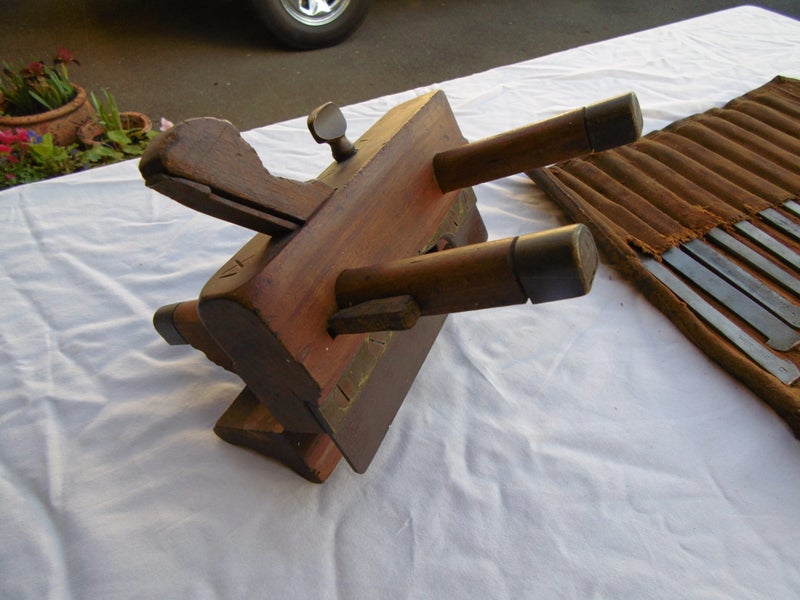 Antique Mathieson Brass and Wood Plough Plane and Various Blades Carousel 1