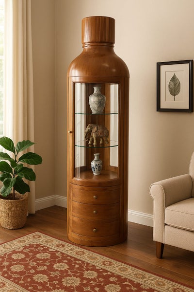Bottle Display Unit - Teak Wood & Glass with lighting Carousel 2