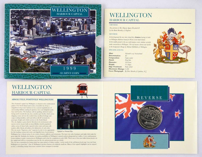 1999 New Zealand "Wellington City" Brilliant Uncirculated $5 Coin - Lot W675 Carousel 1