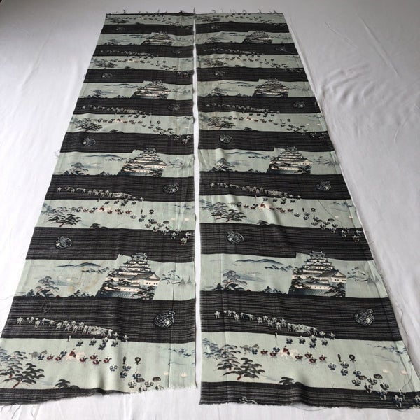 Japanese Vintage Oriental Printed Fabric Pieces X2 Old Kimono Panels Carousel 12