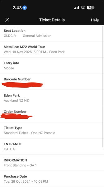 Metallica Ticket M72 GA1 - Auckland Carousel 2