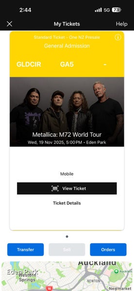 Metallica Ticket M72 GA1 - Auckland Carousel 1