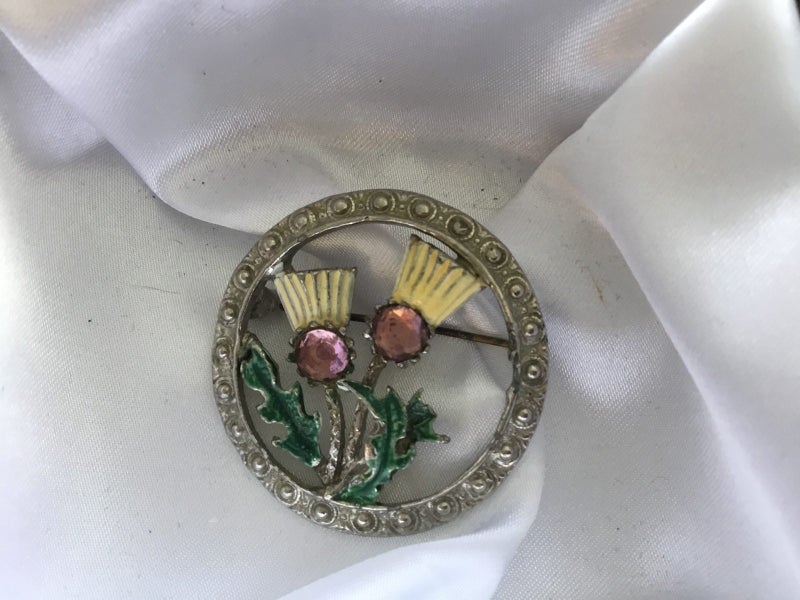 SCOTTISH SILVERED THISTLE BROOCH - ‘HOLLYWOOD’ - ON BACK - C.1930’s Carousel 1