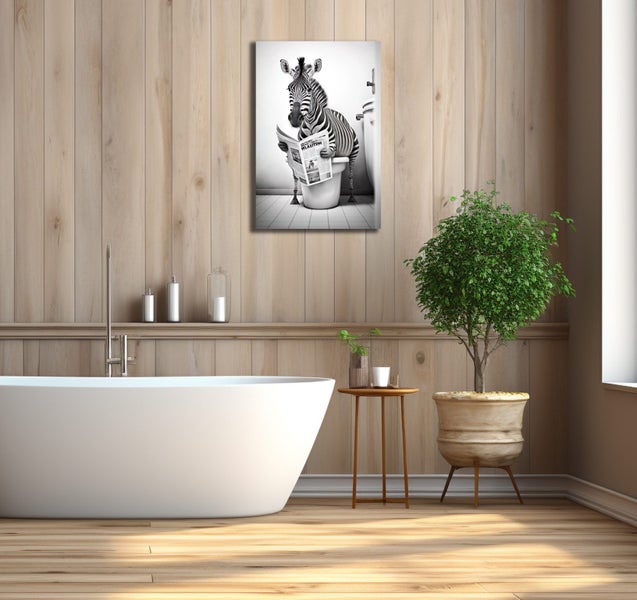 Framed $1 RESERVE 1 Panel Canvas Art Print - Zebra in Bathroom Carousel 3