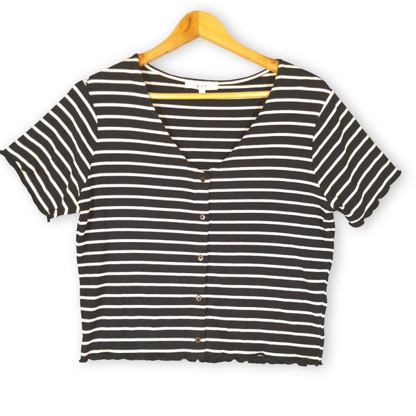 Max Viscose Blend Frilled Hem Black & White Striped Button Front Top Size Large Carousel 1