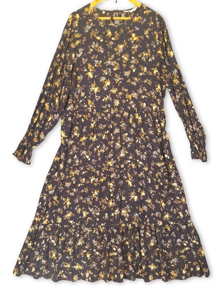 Max 100% Viscose Long Sleeved Tiered Maxi Dress Size XL Black Floral Print Carousel 1