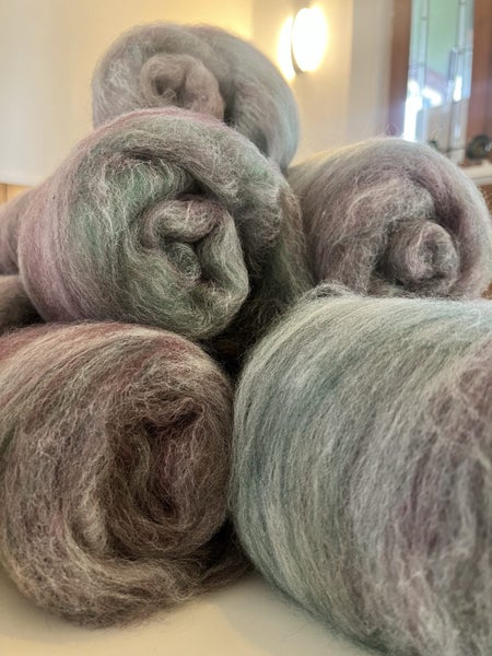 Spin Your Own Sweater Kit – Corriedale Wool Batts (600g) - Purple/Green Carousel 1