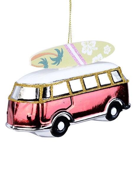13cm Shiny Red Kombi With Rooftop Surfboard Christmas Tree Ornament Carousel 1