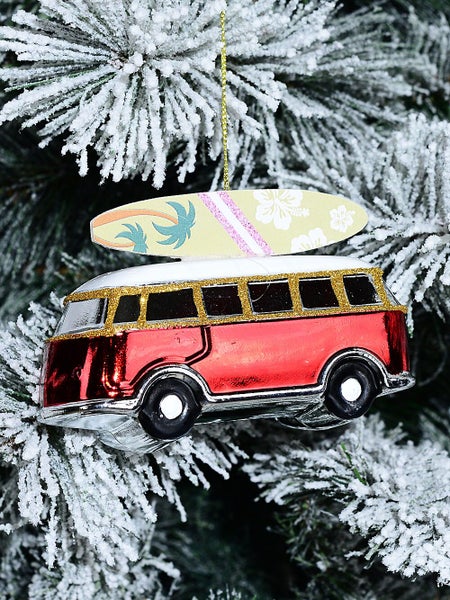 13cm Shiny Red Kombi With Rooftop Surfboard Christmas Tree Ornament Carousel 2