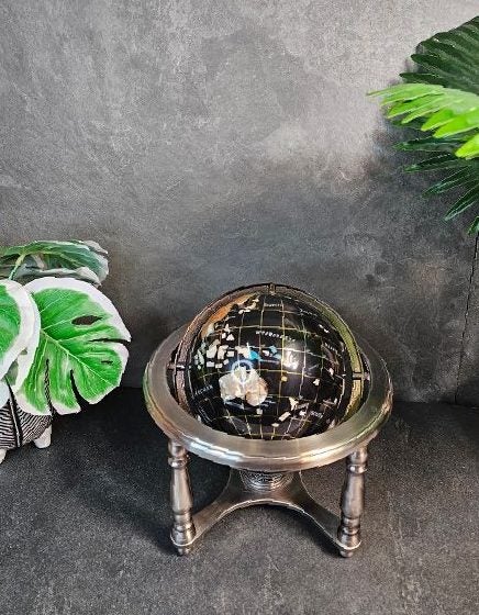 Black Onyx & Gemstone Globe with Compass & Silver-toned Stand. Carousel 1