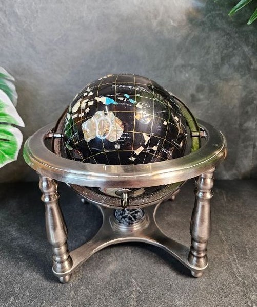 Black Onyx & Gemstone Globe with Compass & Silver-toned Stand. Carousel 2