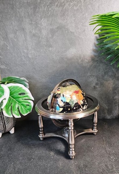 Black Onyx & Gemstone Globe with Compass & Silver-toned Stand. Carousel 6