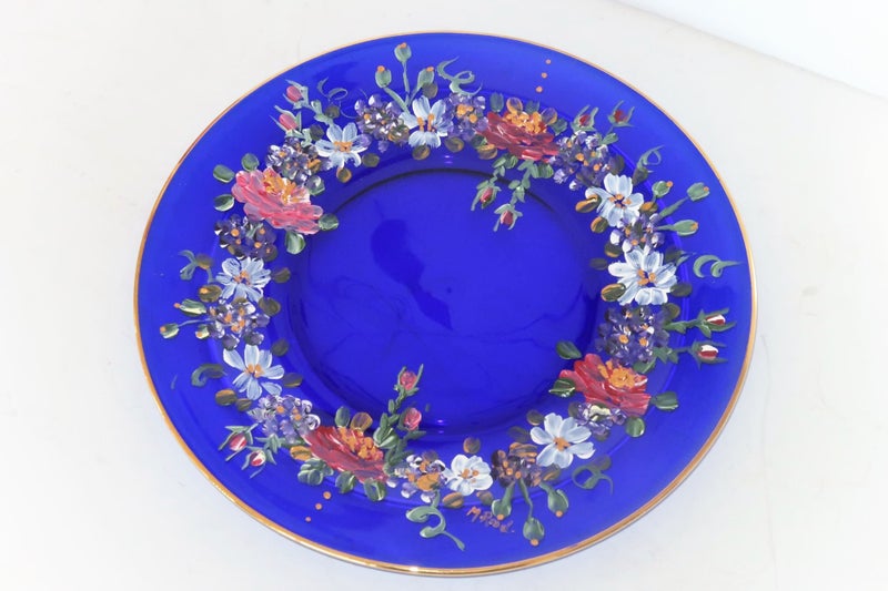 ***GLORIOUS HANDPAINTED LARGE BLUE GLASS PLATE*** Carousel 1