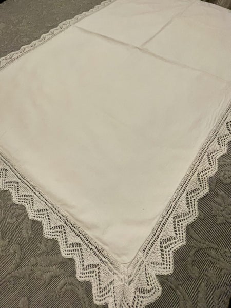 A gorgeous very thick vintage white cotton Pillowcase, covered buttons, crochet Carousel 1