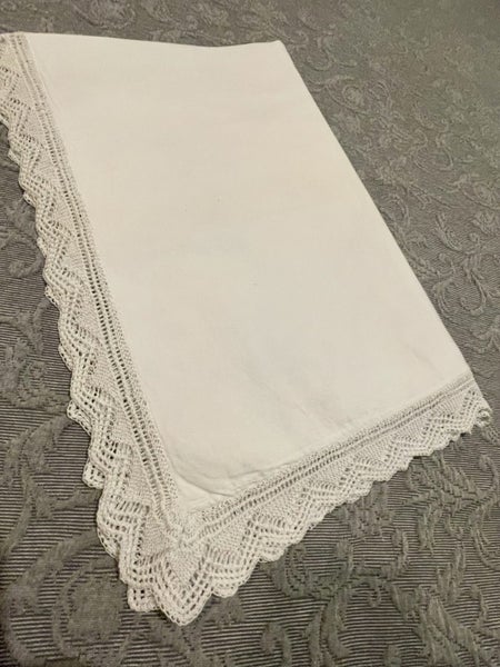 A gorgeous very thick vintage white cotton Pillowcase, covered buttons, crochet Carousel 4