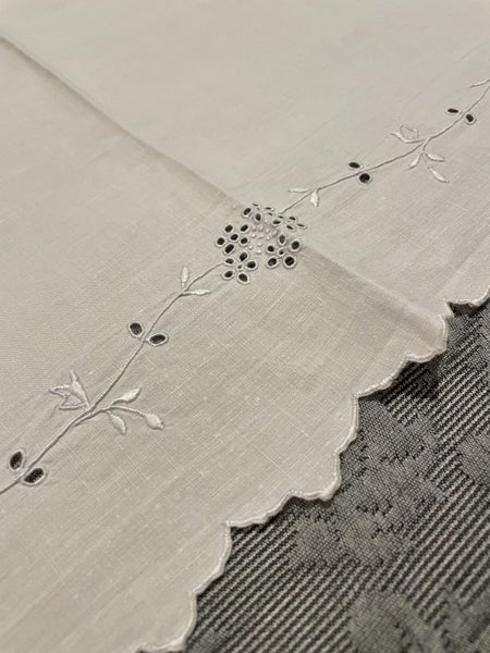 A perfect very fine white vintage Linen Dresser Cloth, with white worked roses Carousel 2