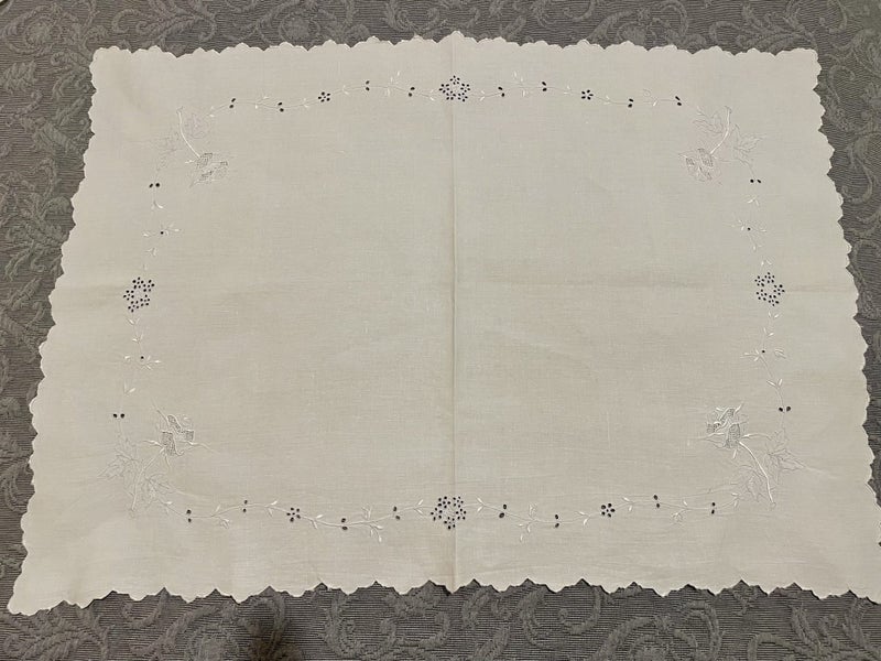 A perfect very fine white vintage Linen Dresser Cloth, with white worked roses Carousel 2