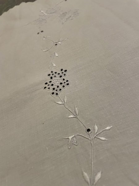 A perfect very fine white vintage Linen Dresser Cloth, with white worked roses Carousel 4