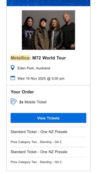 Metallica Ticket - Auckland November 19th Carousel 1