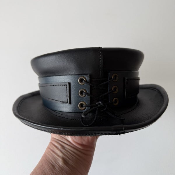 Steampunk / Gothic Short Top Hat — Black with Blue Accents, Handmade (56 cm)64689708204803110