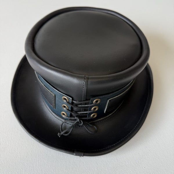 Steampunk / Gothic Short Top Hat — Black with Blue Accents, Handmade (56 cm)64689708204803112