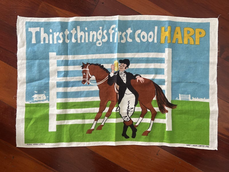 Vintage limited edition Harp Lager tea towel ex cond linen Carousel 1