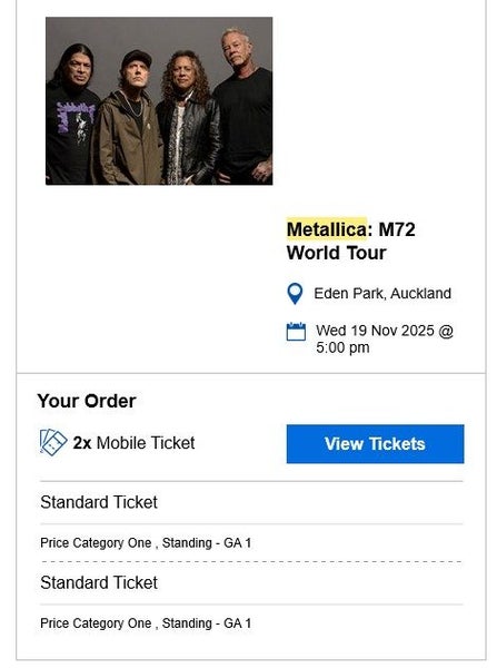 Metallica M72 Ticket - Front Standing GA 164063265095041111