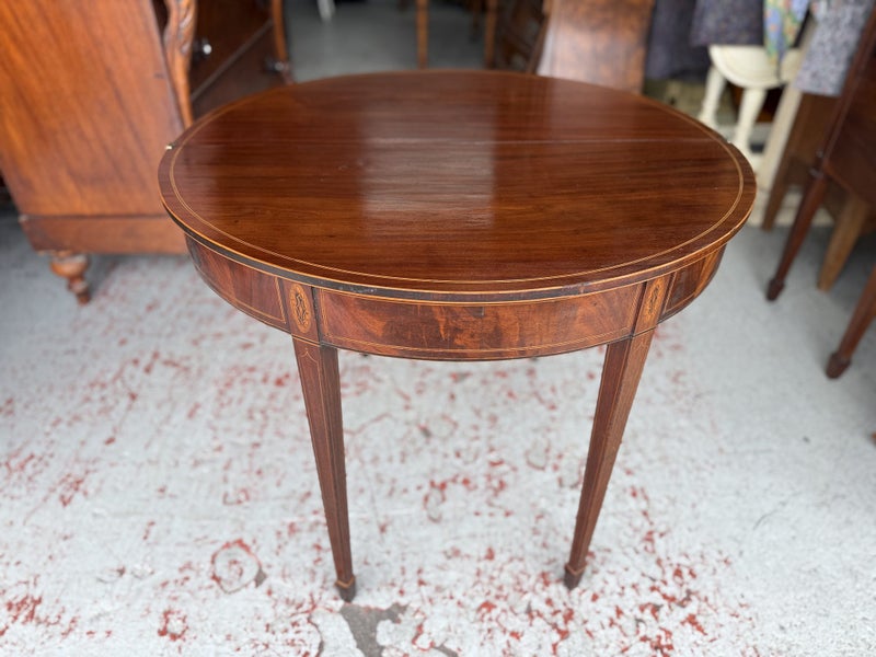 An Antique Quality Sheraton Revival Inlay Marquetry Fold Over Top Supper Table Carousel 2