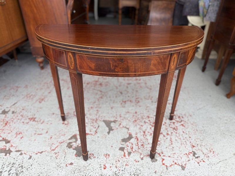 An Antique Quality Sheraton Revival Inlay Marquetry Fold Over Top Supper Table Carousel 1
