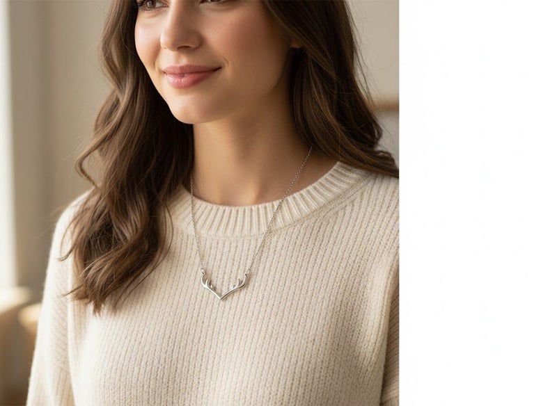 Antler Pendant Necklace White Gold Plated | Xmas Gift / Christmas Gift for Women Carousel 1