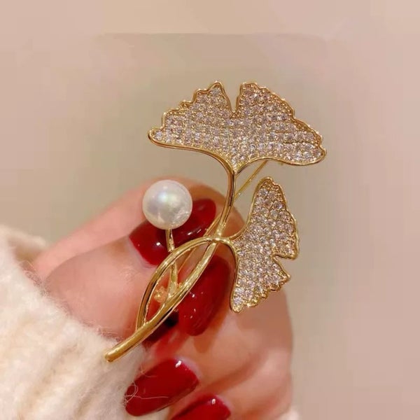Ginkgo Leaf Rhinestone Brooch with Simulated Pearl Accent Carousel 2
