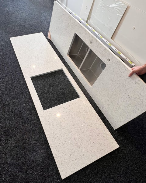 Engineered Stone 30mm Diamond White Benchtop + Double Undermount Sink – 2 Pieces Carousel 1