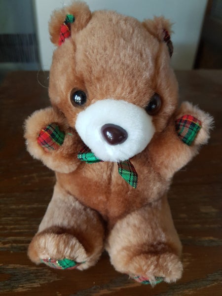 SOFT BROWN TEDDY TIME BEAR WITH TARTAN BOW TIE AND PAWS Carousel 1