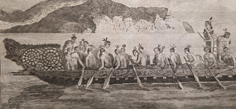 Rare 1700s Cook Voyage Engraving–Maori Waka Taua, London ed. by Strahan & Cadell Carousel 2