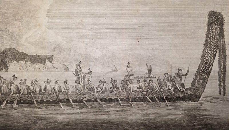 Rare 1700s Cook Voyage Engraving–Maori Waka Taua, London ed. by Strahan & Cadell Carousel 1