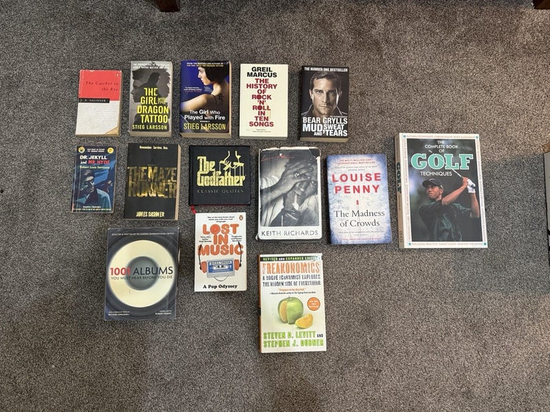 Large Book Collection: Keith Richards, Freakonomics, Steig Larsson, Rock & Roll Carousel 1