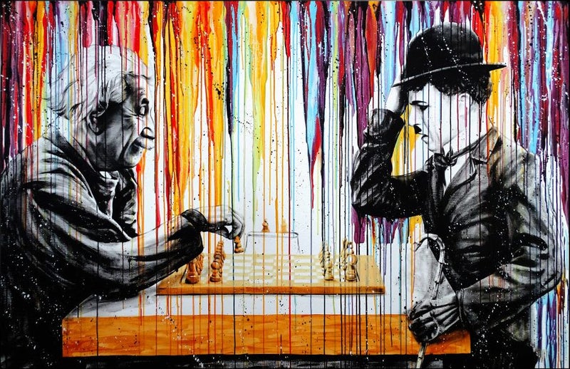 Framed $1 RESERVE 1 Panel Canvas Art Print - Einstein & Chaplin Carousel 1