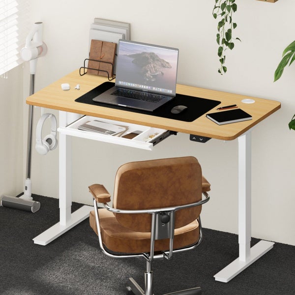 140Cm Electric Standing Desk With Drawer Height Adjustable White & Oak Carousel 1