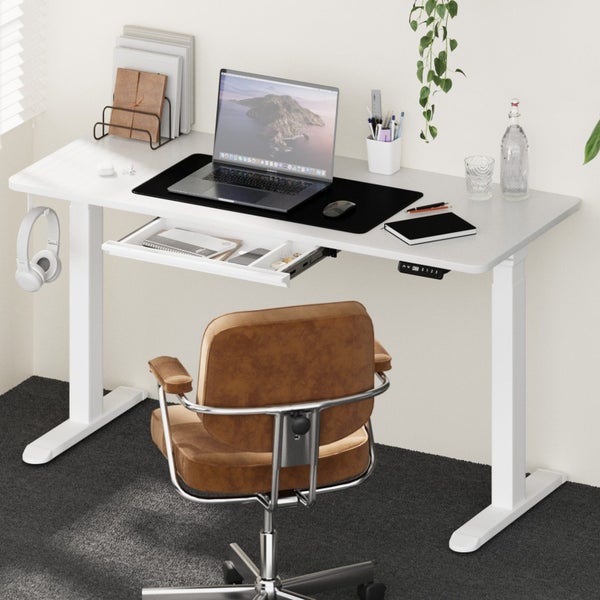 140Cm Electric Standing Desk With Drawer Height Adjustable White Carousel 1