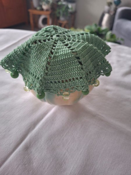 Vintage beaded food cover in soft green Carousel 4