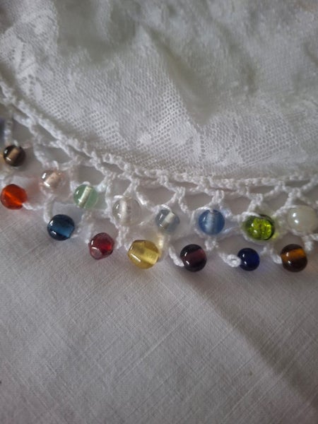 Vintage beaded milk jug cover with lace and beads Carousel 2