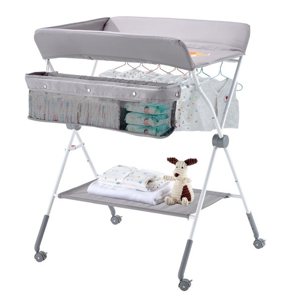 New Foldable Baby Changing Diaper Station with Side Basket & Wheels Light Gray64192105641089110