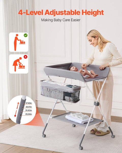 New Foldable Baby Changing Diaper Station with Side Basket & Wheels Light Gray64192105641089111