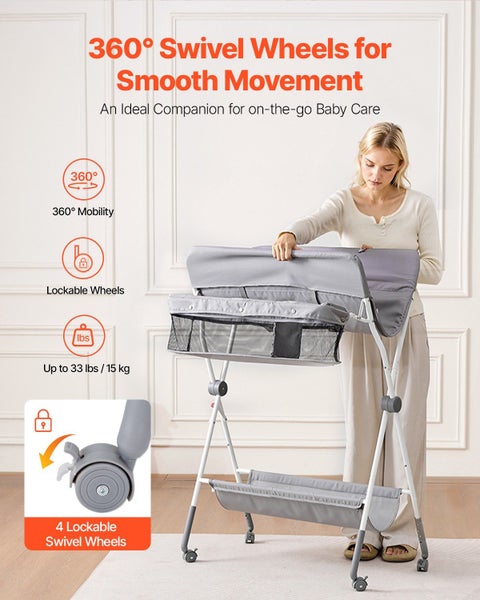 New Foldable Baby Changing Diaper Station with Side Basket & Wheels Light Gray64192105641089112