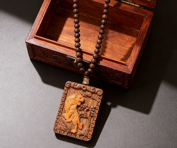 Guardian Tiger Pendant: Hand Carved Wood Pendant Necklace Totem WPN19YY-2 Carousel 1